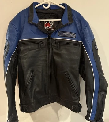 First Racing XL Leather Motorcycle Jacket Heavy Duty Black w/ Blue Trim Foto 1 de 4