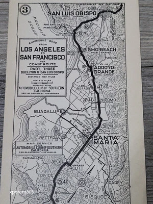 Años 20 L.A. To S.F. Costal Route Automobile Club of Southern Calif AAA Mapa Pt. 3 Foto 1 de 4