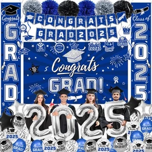 Graduation Decorations 2025 Blue Silver Backdrop Banner Balloons Party - Picture 1 of 6