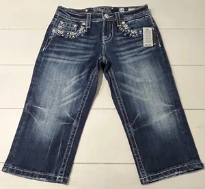 GIRLS MISS ME CAPRI EMBELLISHED JEANS RHINESTONES SIZE 14 NEW - Picture 1 of 6