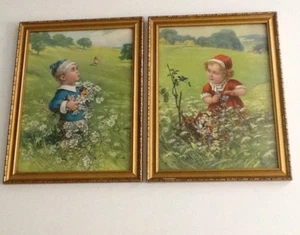 Vintage/Antik? Kinder pflücken Bergblumen Set/2 Vogel Schmetterling gerahmt - Bild 1 von 12