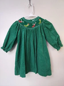 Girls VTG RARE EDITIONS Green Corduroy Dress 2T Christmas Smocked Embroidered  - Picture 1 of 7