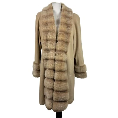 Casaco feminino ALORNA comprimento total tingido cordeiro 100% lã acabamento de pele tamanho 10 feito nos EUA - Imagem 1 de 4