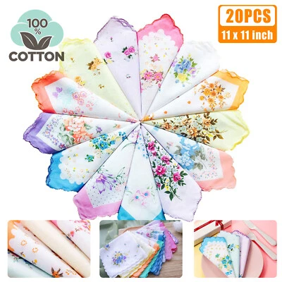 20 PCS Women's Handkerchiefs Cotton Hankies Handkerchief Pocket Vintage Flowers - Image 1 of 4