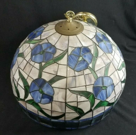 20" Wide Stained Glass Pendant/Chandelier Blue Flowers Made in Mexico Cover