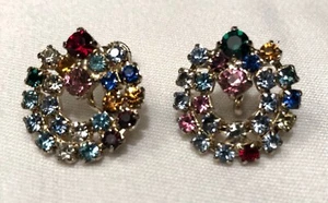 Corona, cerchio, orecchini natalizi vintage tono argento strass multicolore - Foto 1 di 4