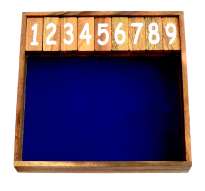 Klappenspiel Shut The Box 9 medium blaue Holzbox Knobelholz Würfelspiel Kinder - Bild 1 von 2