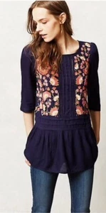 Floreat Luana Anthropologie Top 2 Blue Pink Floral Button Back Drop Waist - Picture 1 of 13