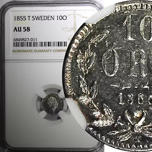 SWEDEN Oscar I (1844-1859) Silver 1855 T 10 Ore NGC AU58 KM# 683 (011) - Picture 1 of 5