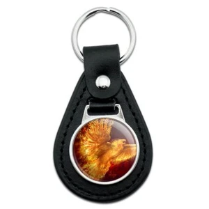 Phoenix Firebird Flaming Fire Bird Rising Fantasy Black Leather Keychain - Picture 1 of 5