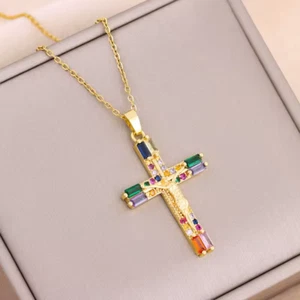 New Bohemia Retro Colorful Zircon Crystal Jesus Cross Pendant Necklaces - Picture 1 of 11