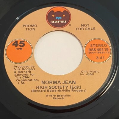 Norma Jean: High Society (Stereo) / (Mono) 45 - Bearsville - Soul             EX - Image 1 of 2