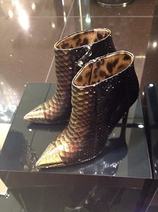 ROBERTO CAVALLI SNAKE LEOPARD GOLD ANKLE BOOTS SHOES HEELS 39 9 $1995 - Picture 1 of 11