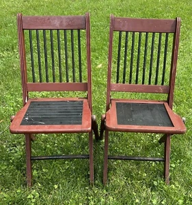 Pair 2 Vintage Wood Folding Chairs Slats Painted Mid Century Modern MCM - Picture 1 of 12