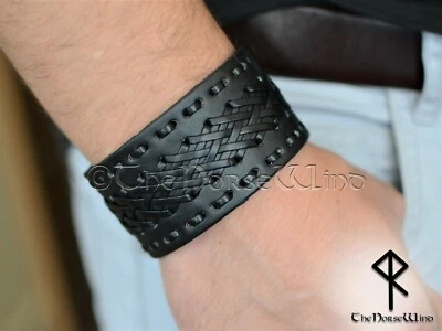 Schwarz Lederarmband - Wikinger Armband - Männer Leder Armreif - Mittelalter - Bild 1 von 4