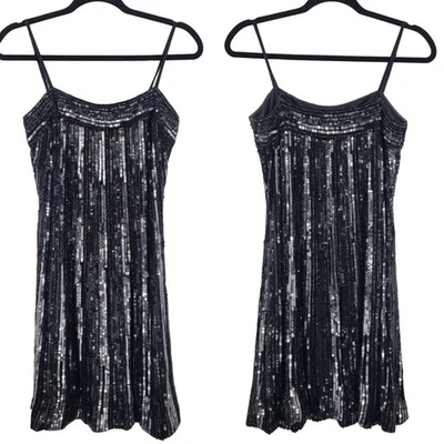 复古 80 年代丝绸亮片连衣裙 8 码黑色银色无袖及膝鸡尾酒 Glam — 第 1/4 张图片