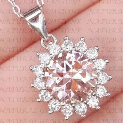 5.50Carat Round Cut Natural Morganite and Diamond Pendant 18K White Gold Plated - Image 1 of 4