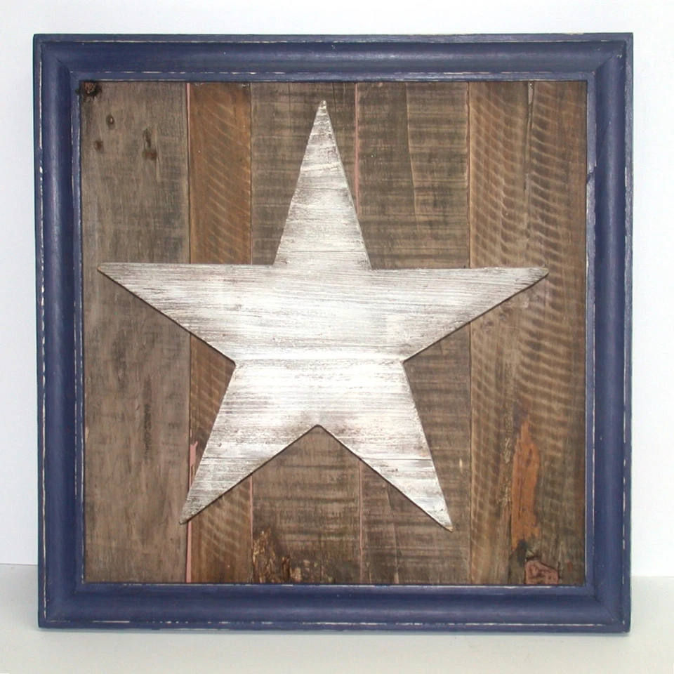 Primitive Prim Barn Wood Frame Featuring 3D Star ~ Blue & White ~ 18" x 18" x 4" - Image 1 of 3