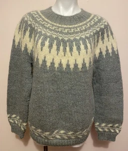 Handmade Knit VTG Fair Isle Wool Blend Nordic Ski Sweater Grey Cream L/XL - Picture 1 of 3