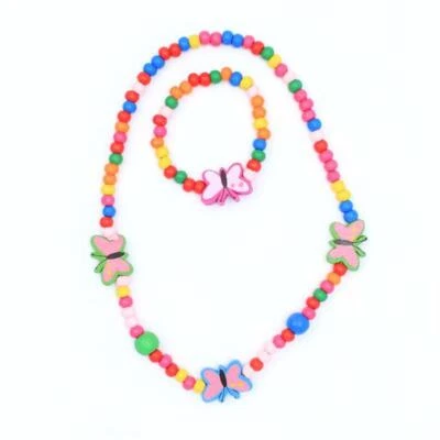 MOLLY & ROSE Holz Schmetterling Perlen Charm Halskette & Armband Set Kinder hell elastisch