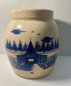VTG Paul Storie Pottery Crock Vase with Cobalt Blue Painted Country Scene 8.25” - Picture 1 of 14