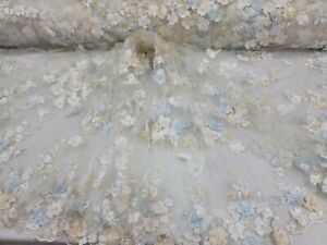 Fabric By The Yard White Lace 3d Floral Beige and Blue Embroidery Pearls Prom