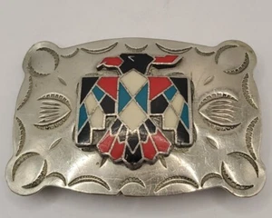 Vintage Nickel Silver Stone Inlaid Thunderbird Belt Buckle Frontier Southwestern - Picture 1 of 10