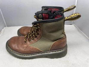 Doc Martens Kids Size 1 Panel Boots 1460 Flannel Lined Army Green & Brown Leathr - Picture 1 of 7
