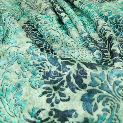 Fire Treated Damask Design Blue Teal Velvet Upholstery Curtain Furnishing Fabric - Image 1 of 4