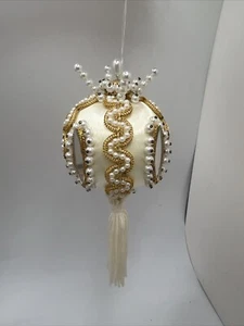 Vtg Golden Mirror Beaded Christmas Satin Ball Ornament - Picture 1 of 4