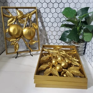 Vintage Syroco Wood Gold Framed MCM Fruit Wall Hanging Decor Set of 4 - Picture 1 of 15
