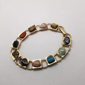 Vtg Semi Precious Gemstone Bracelet Polished Quartz Agates Gold Tone Links 7.5" - Picture 1 of 8