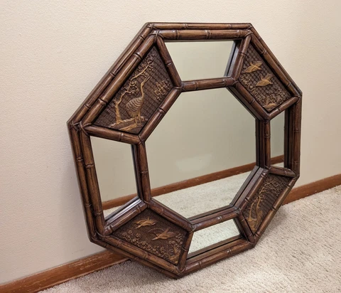 Vintage Faux Bamboo Gold Octagon Large Wall Mirror Chinoiserie Bird Detail 3D Cover
