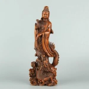 China Buddhismus Buchsbaum Holzschnitzerei Drache Kwan-yin Guan Yin Boddhisattva Statue - Bild 1 von 6
