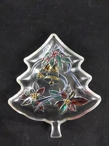 Vintage Embossed Clear Candy/Nut Dish Christmas Tree Shape Some Design Painted - Picture 1 of 2