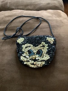 Little Girls Cat Bling Black Sequins Handbag Small Purse Cross Body EUC - Picture 1 of 7