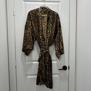 SOLANGE SATIN WOMEN'S ROBE Missing Sz Tag LEOPARD PRINT BELTED 3/4 SLEEVE - Picture 1 of 10