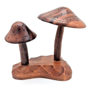 Funky!! MCM~Wooden Carved Monkey Pod Double Mushroom Appetizer Holder - Picture 1 of 8