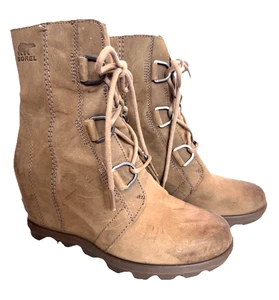 Sorel Joan of Arctic Wedge Ash Brown Leather Lace Up Ankle Boots Women's Size 8 - Picture 1 of 21