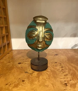 Art Deco African Mayan Bronze oak wood midcentury 20thC Mask 1960s Vintage Desk - Picture 1 of 10