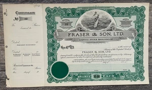 Stock Certificate Fraser & Son LTD Inc California Pasadena Horticulture c1930's - Picture 1 of 2
