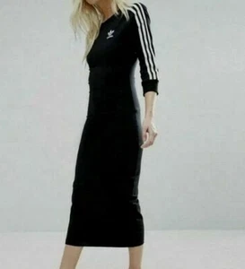 Adidas Black 3 Stripe Bodycon Midi Maxi Dress - Size XL - Picture 1 of 11