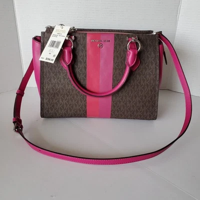 NWT Michael Kors Marilyn Med Satchel Brown Logo Fuchsia Crossbody Bag $298 MSRP - Image 1 of 4