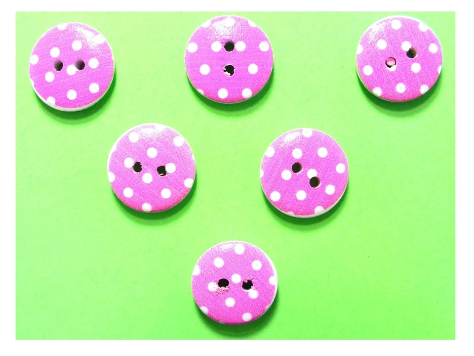 LOT 6 BOUTONS BOIS : rond rose/blanc motif  pois 15mm (04) - Photo 1/1