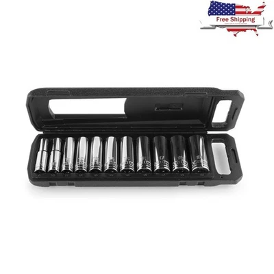 11pc 3/8 Drive Deep Socket Set Chrome Vanadium Steel Rust Resistant W/ Case New - Image 1 of 4