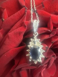 14k white gold , Natural Sapphire , Diamonds Pendant chain 16 inch  - Picture 1 of 9
