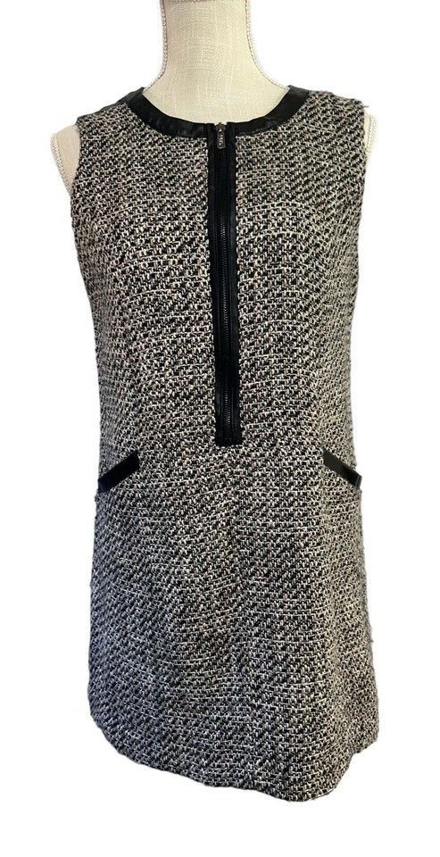 Vestido KIRNA ZABETE Mujer XS Tweed Moto Cremallera Frontal Sin Mangas Cuero Borde Foto 1 de 4