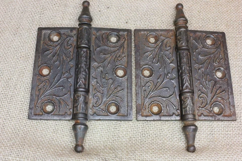 2 Old Door Hinges 3 1/2 X 3 1/2" Antique Steeple Top Clean Vintage Iron Scrolls Cover