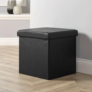 Cofre otomano plegable de cuero sintético negro sólido resistente caja de ahorro de espacio de almacenamiento - Imagen 1 de 4