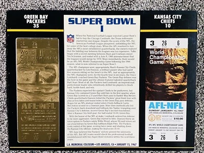 Panel de boletos de oro 22kt del Super Bowl I 1 Green Bay vs Kansas City Willabee & Ward  Foto 1 de 2